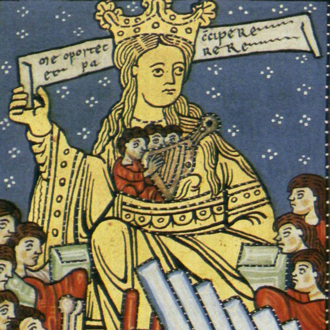 A woman in a medieval painting, elegantly holding a large instrument, set against a richly detailed background.