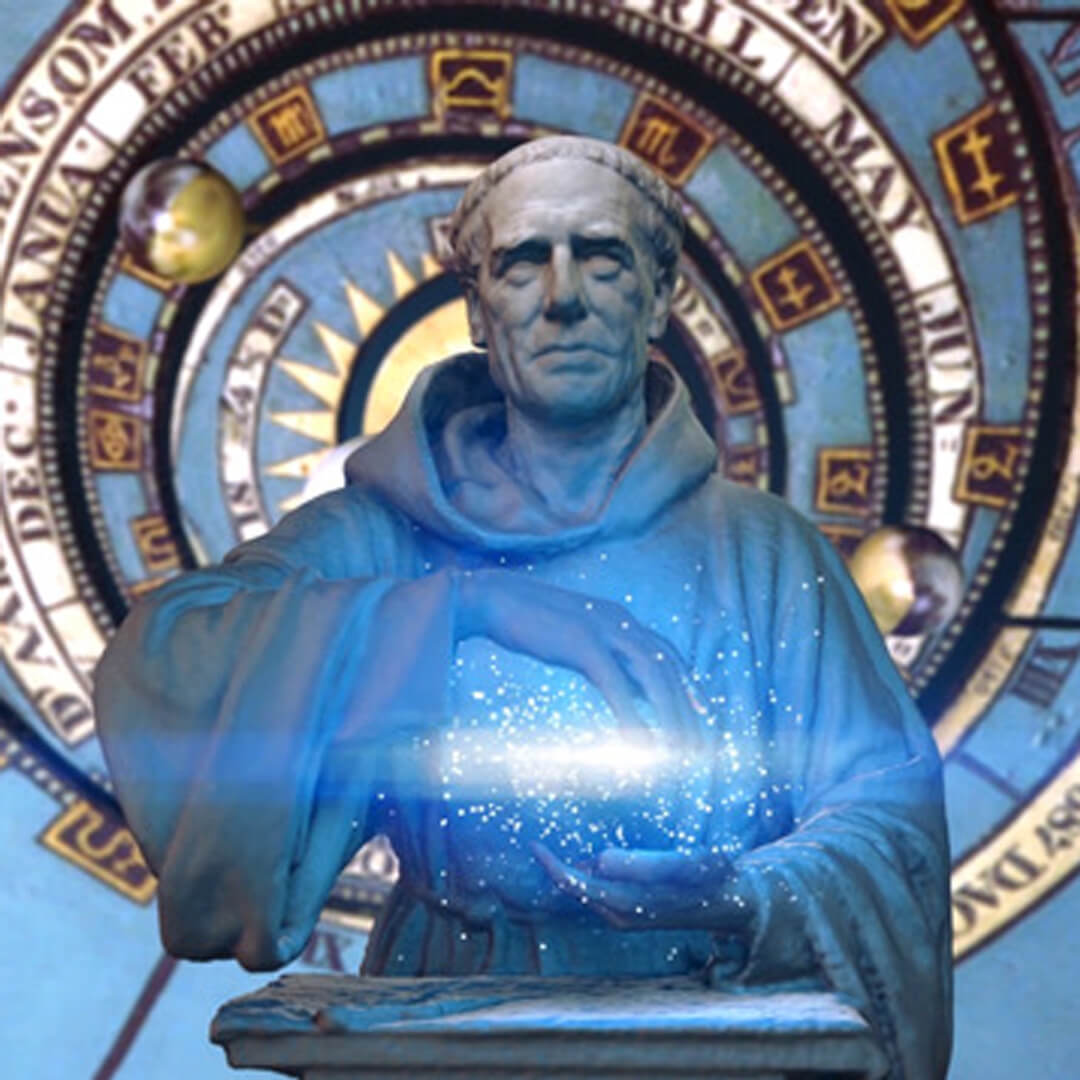 A statue of Saint Francis gently holding a crystal ball, symbolizing wisdom and connection to nature.
