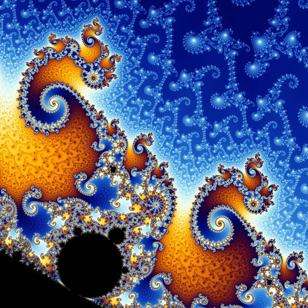 A blue and orange spiral pattern set against a black background, resembling a fractal design.
